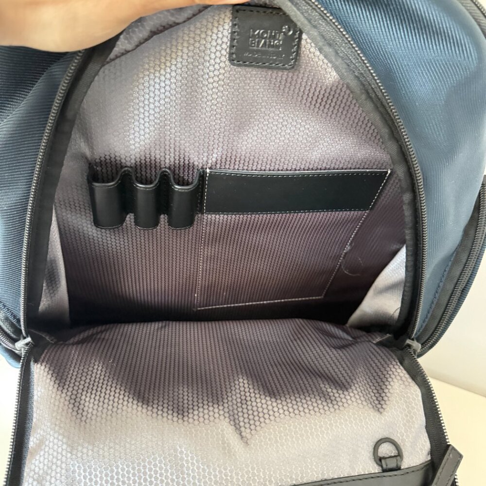 Mont Blanc Backpack Navy Blue Black Leather Trim Computer Slot - Picture 4 of 8
